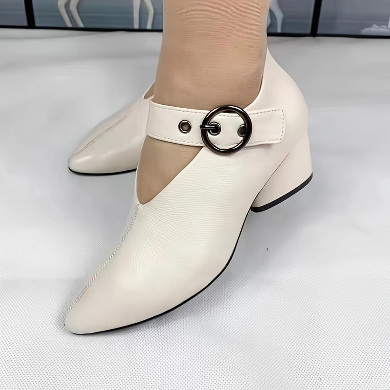 Women's Summer Solid Color Low Block Heel D'Orsay Shoes with Buckle and Pointed Toe