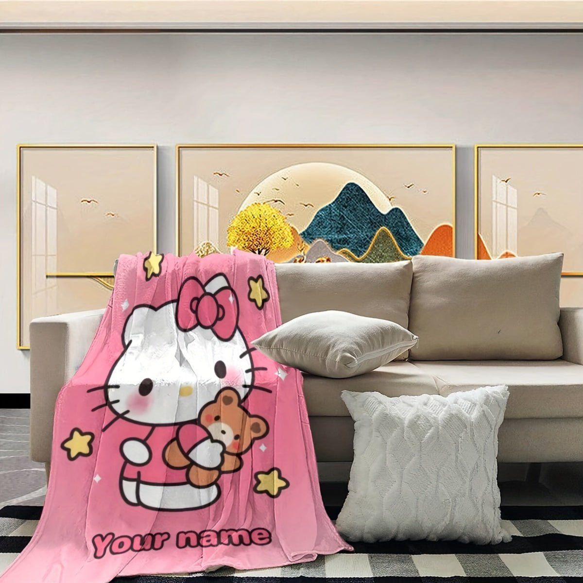 Personalized Hello Kitty Cartoon Flannel Blanket Soft Warm Decorative Gift