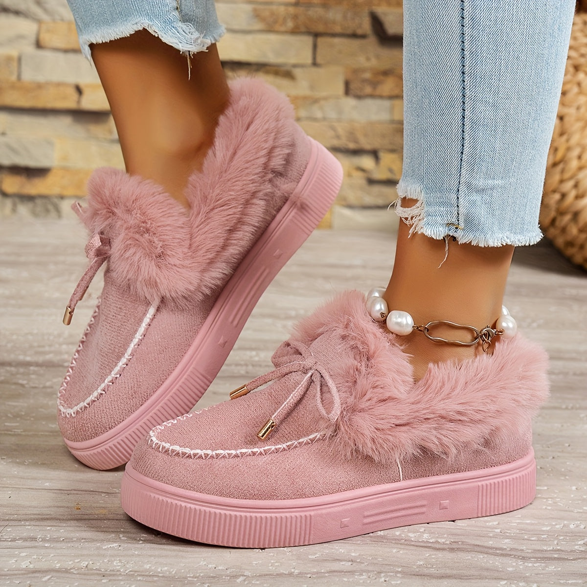 Women's Fuzzy Fleece Slip-On Sneakers Warm Winter Casual Solid Color