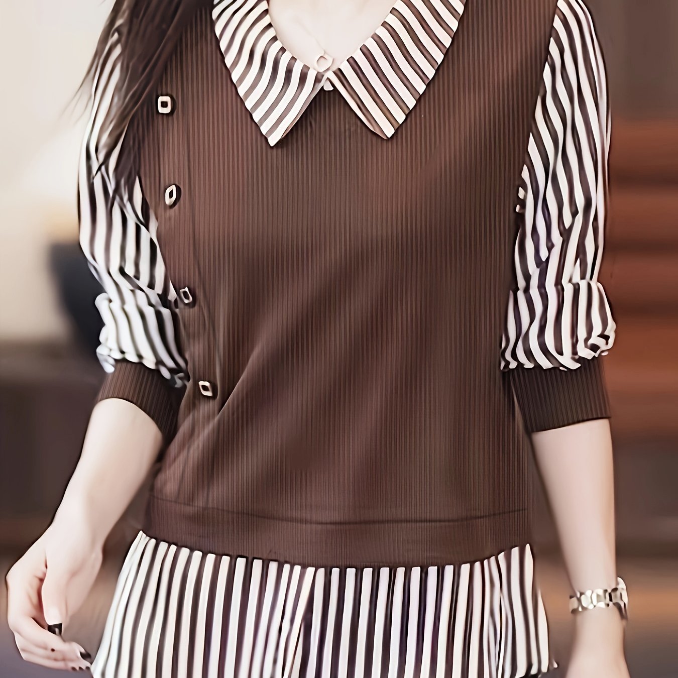 Women's Striped Faux Twinset Blouse with Contrast Collar and Three-Quarter Sleeves