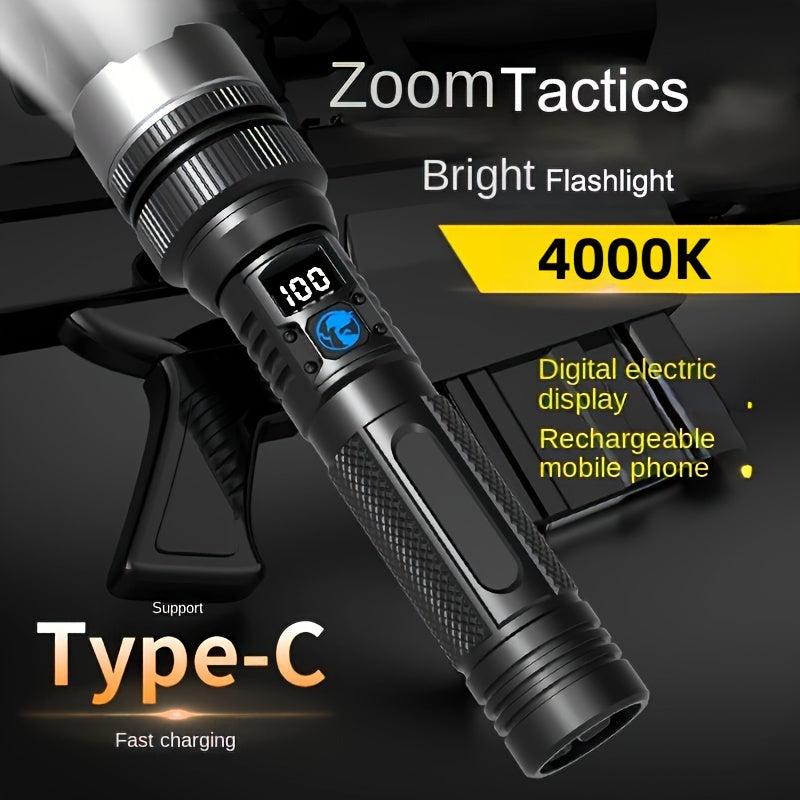 Rechargeable Aluminum Alloy Flashlight with Digital Display and Adjustable Beam