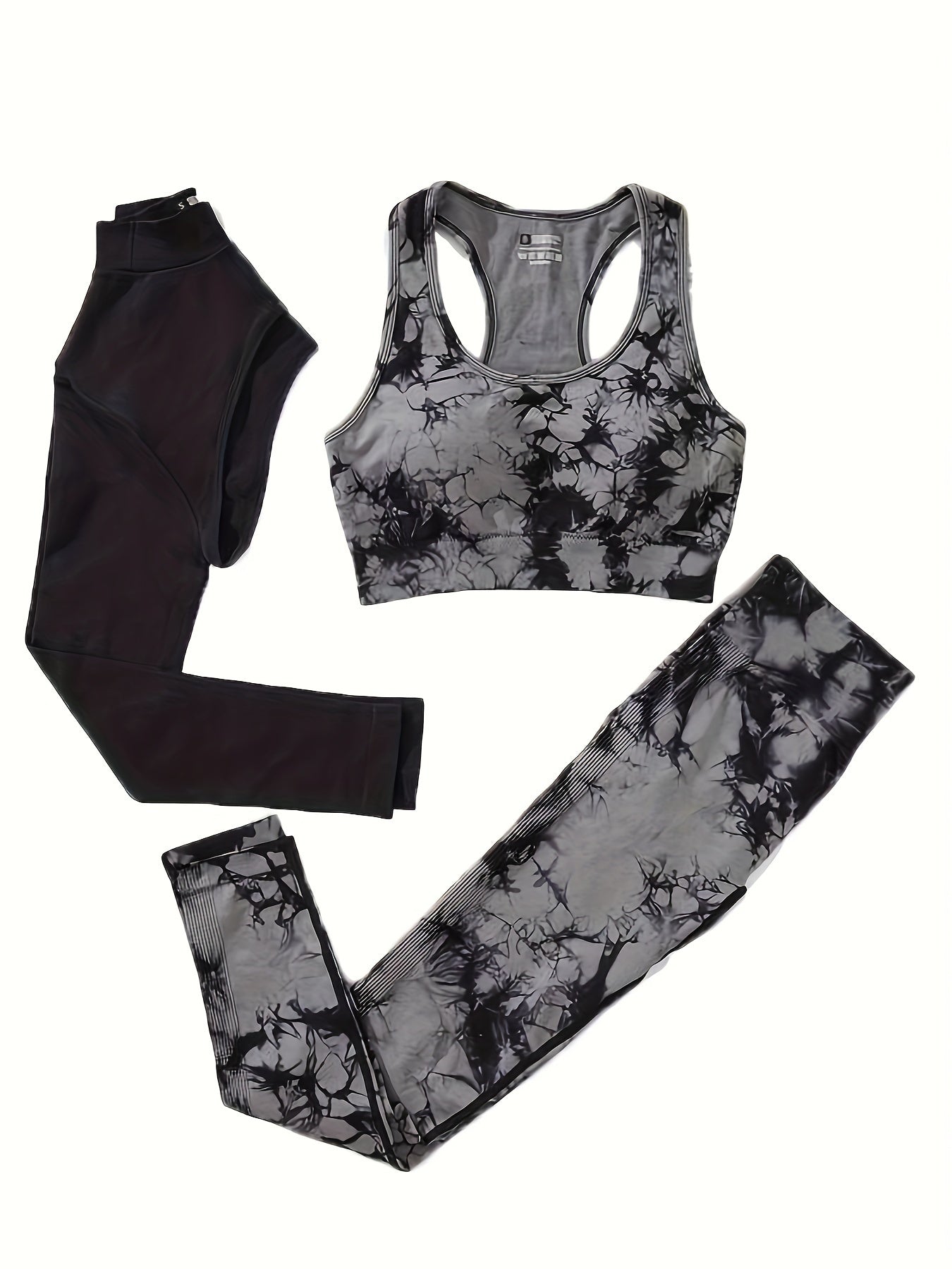 Women’s Tie-Dye Yoga Set 3 Pieces High-Stretch Nylon Activewear with Sports Bra Crop Top and Leggings