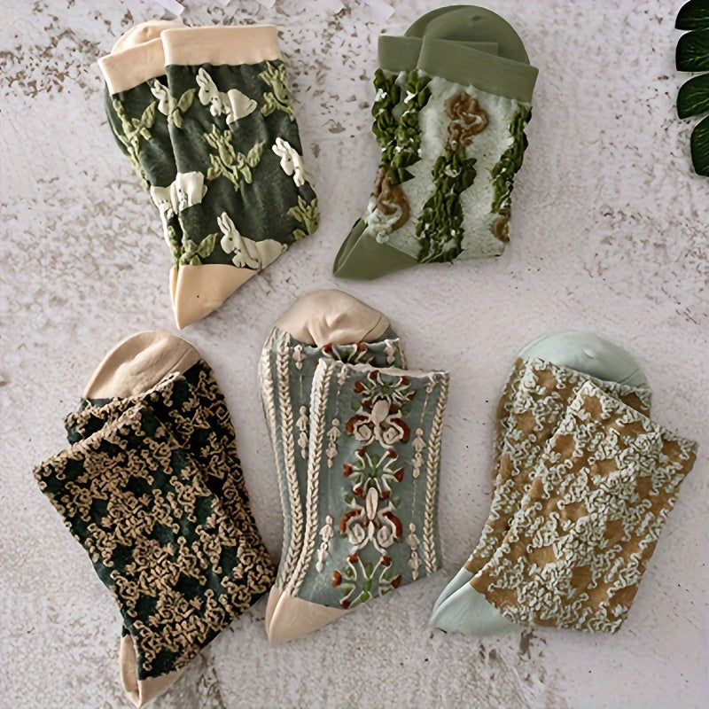 Women's Floral Print Mid Tube Socks 5 Pairs Breathable Comfortable
