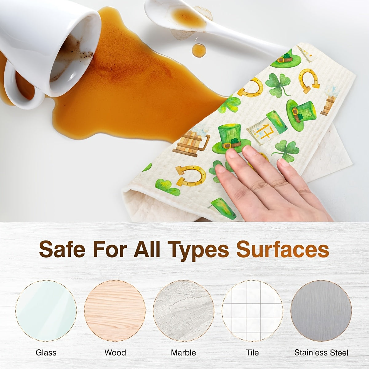 Toallas de cocina de seis unidades para el Día de San Patricio, reutilizables, de fibra de pulpa de madera, duende, trébol