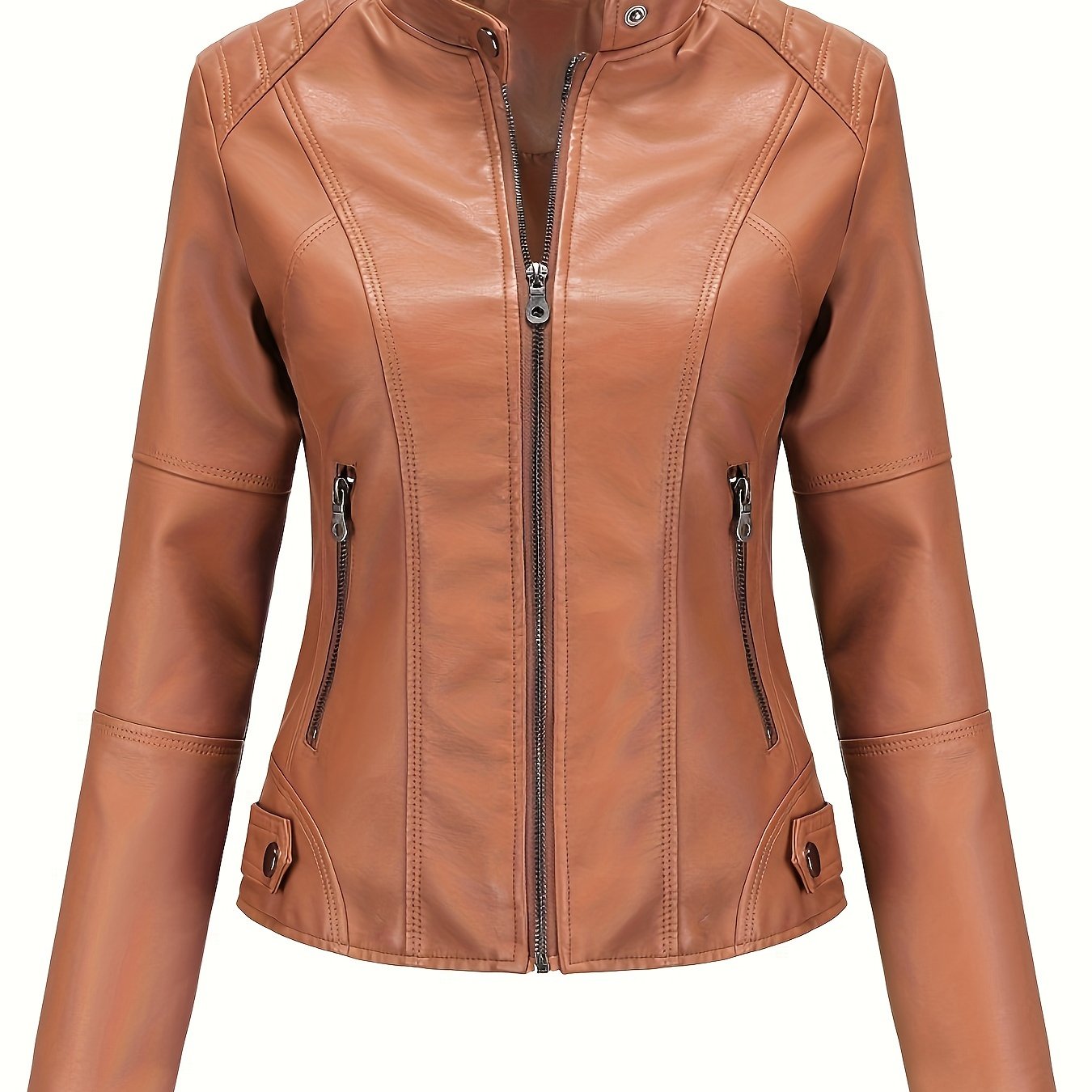 Women's Beige Biker Style Jacket for Spring Fall Zipper Stand Collar Pockets