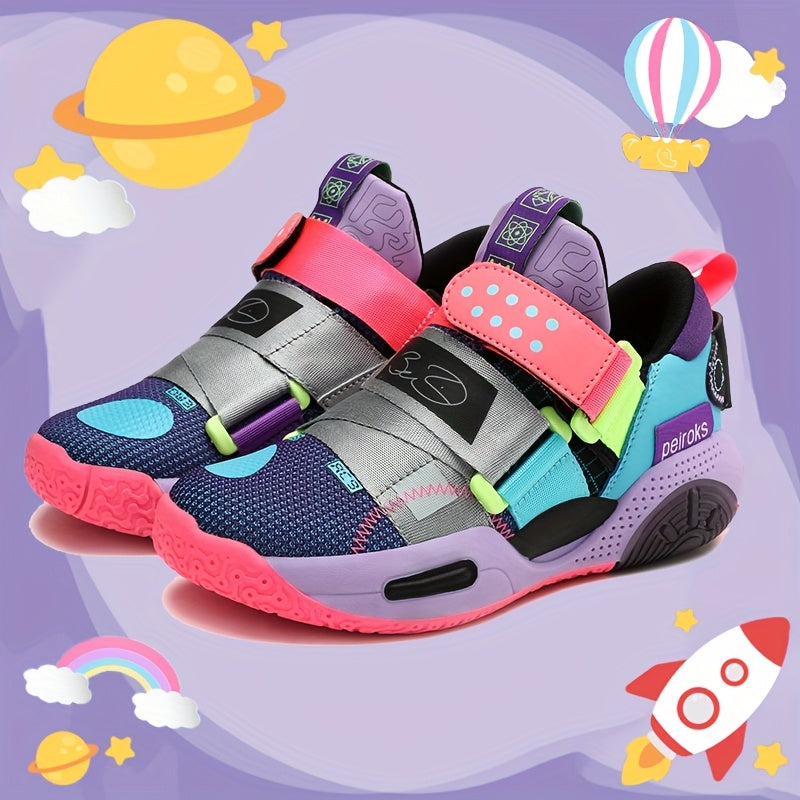 Kids' Colorful Mesh Basketball Shoes with Non-Slip Rubber Sole and Hook-and-Loop Strap