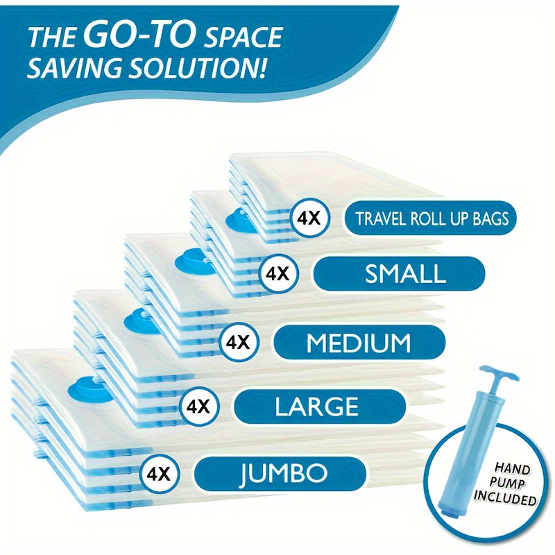 20 ta vakuum siqish saqlash sumkasi to'plami, kiyimlar, ko'rpa va ko'ylaklar uchun havo o'tkazmaydigan saqlash idishlari, yotoqxona, shkaflar va yotoqxonalarda joyni tejovchi tashkilotchi, sayohat uchun zarur joyni tejovchi