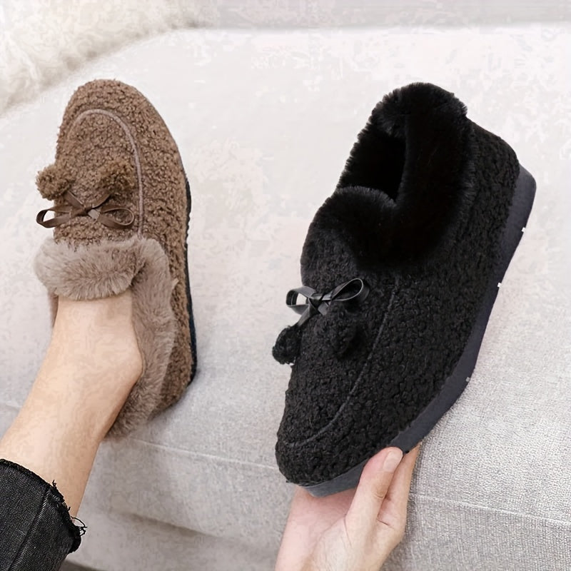 Women's Fleece-Lined Loafers Slip-Ons with Bow, All-Season Comfort