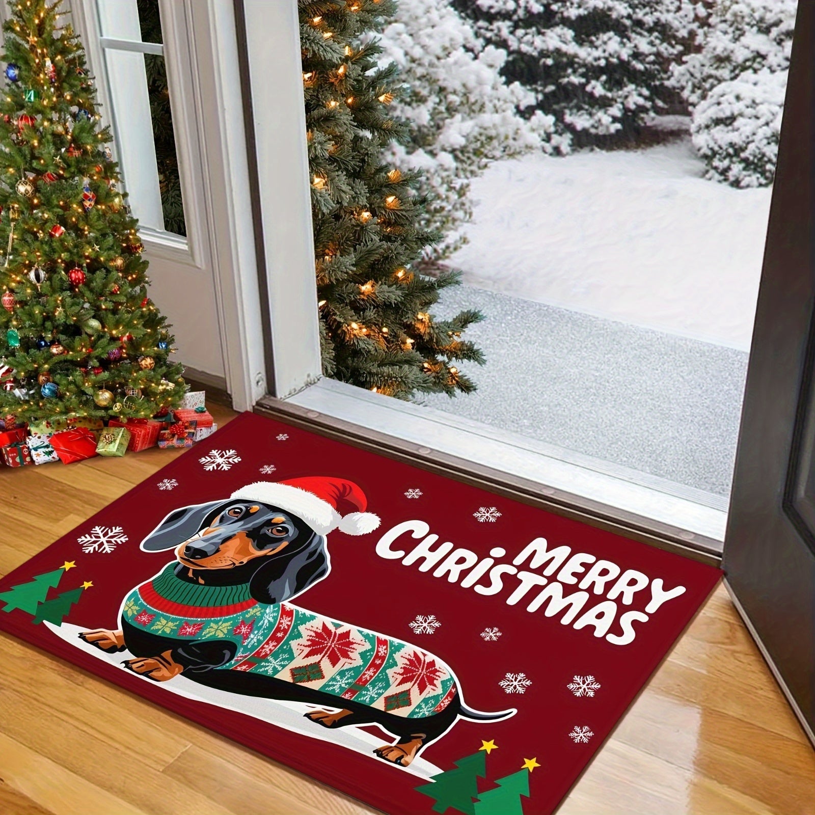 Christmas Dachshund Doormat Non-Slip Polyester Rug with Rubber Backing
