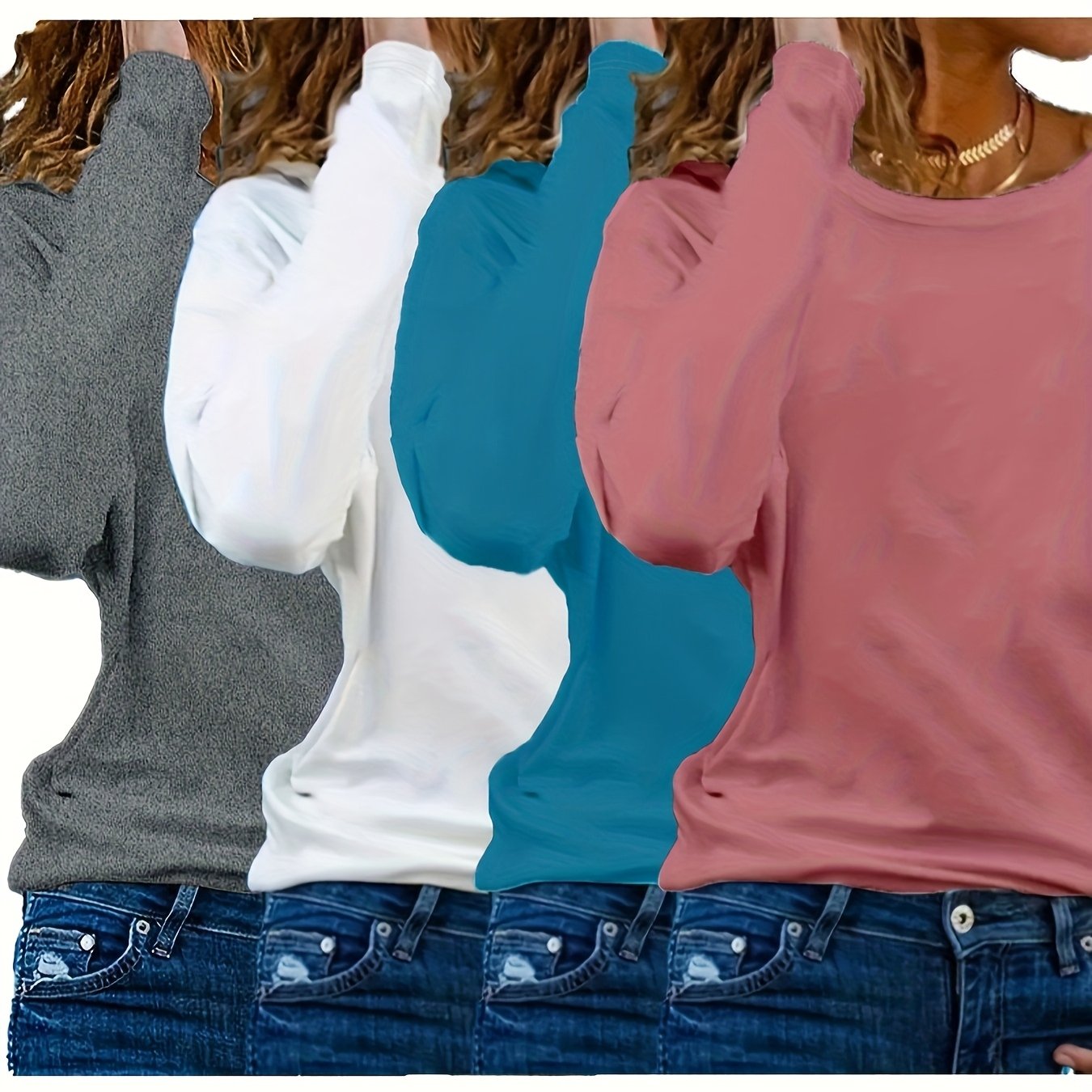 Women's Long Sleeve Cotton Crew Neck Tops - Solid Colors, Loose Fit, Fall Spring Ready