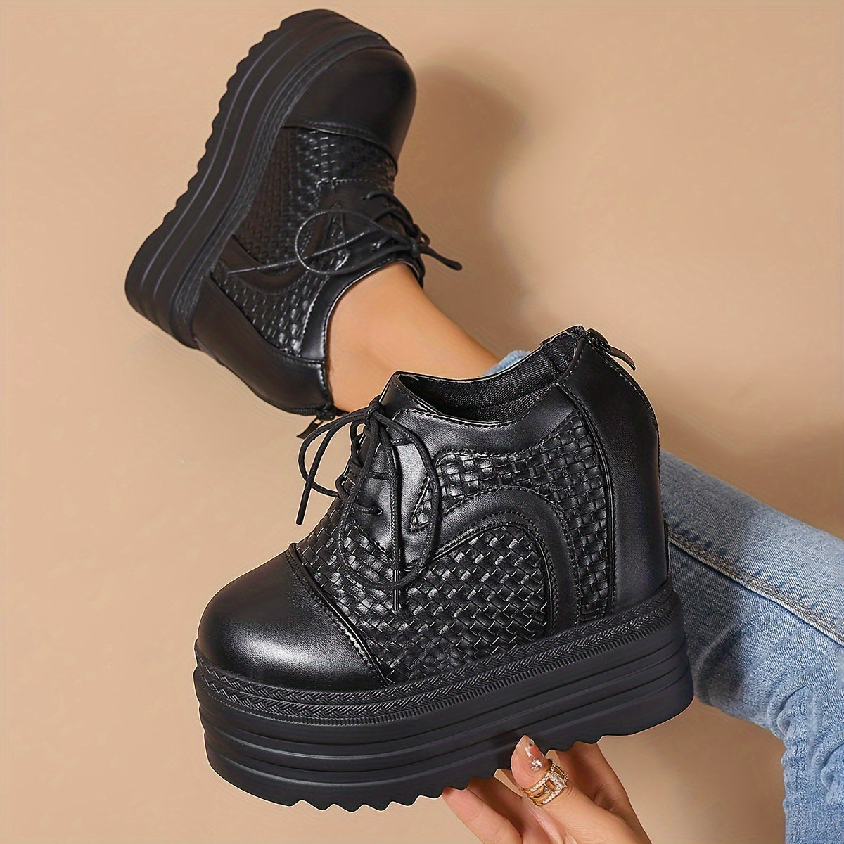 Zapatillas de PU transpirables para mujer con plataforma de tacón de 12cm, zapatos casuales