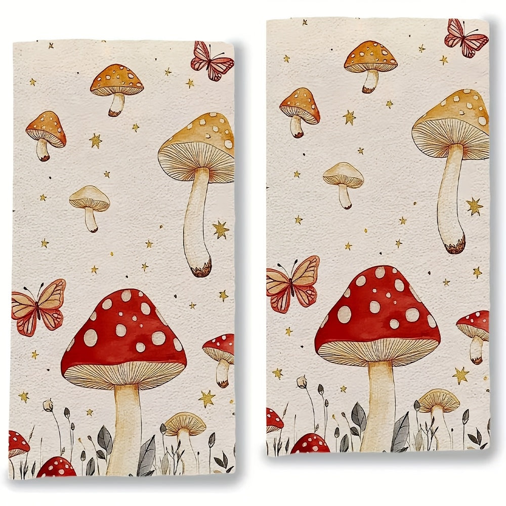 Whimsical Mushroom and Butterfly Kitchen Towels, Soft, Absorbent, 16x24 Inches
