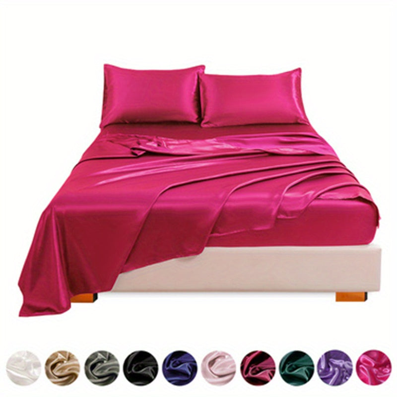 Polyester Satin Fitted Sheet Set 4 Pieces Includes Pillowcases Available in Twin Full Queen King