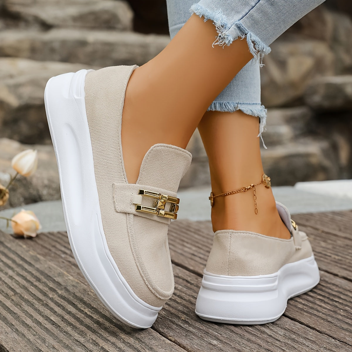 Women's Slip-On Loafers with Cushioned Rubber Sole Beige Comfortable All-Season