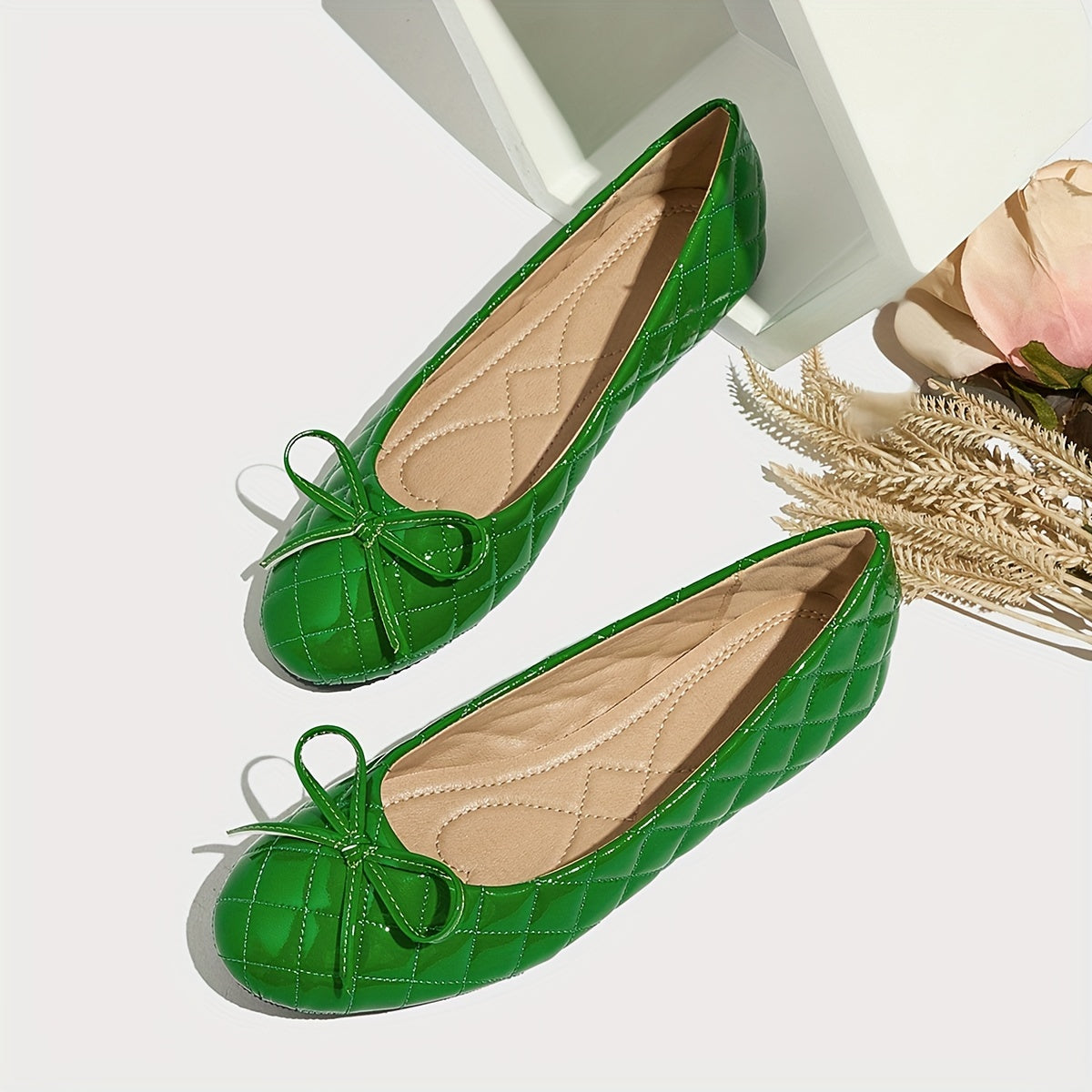 Women's Quilted Ballet Flats with Round Toe and Ankle Tie
