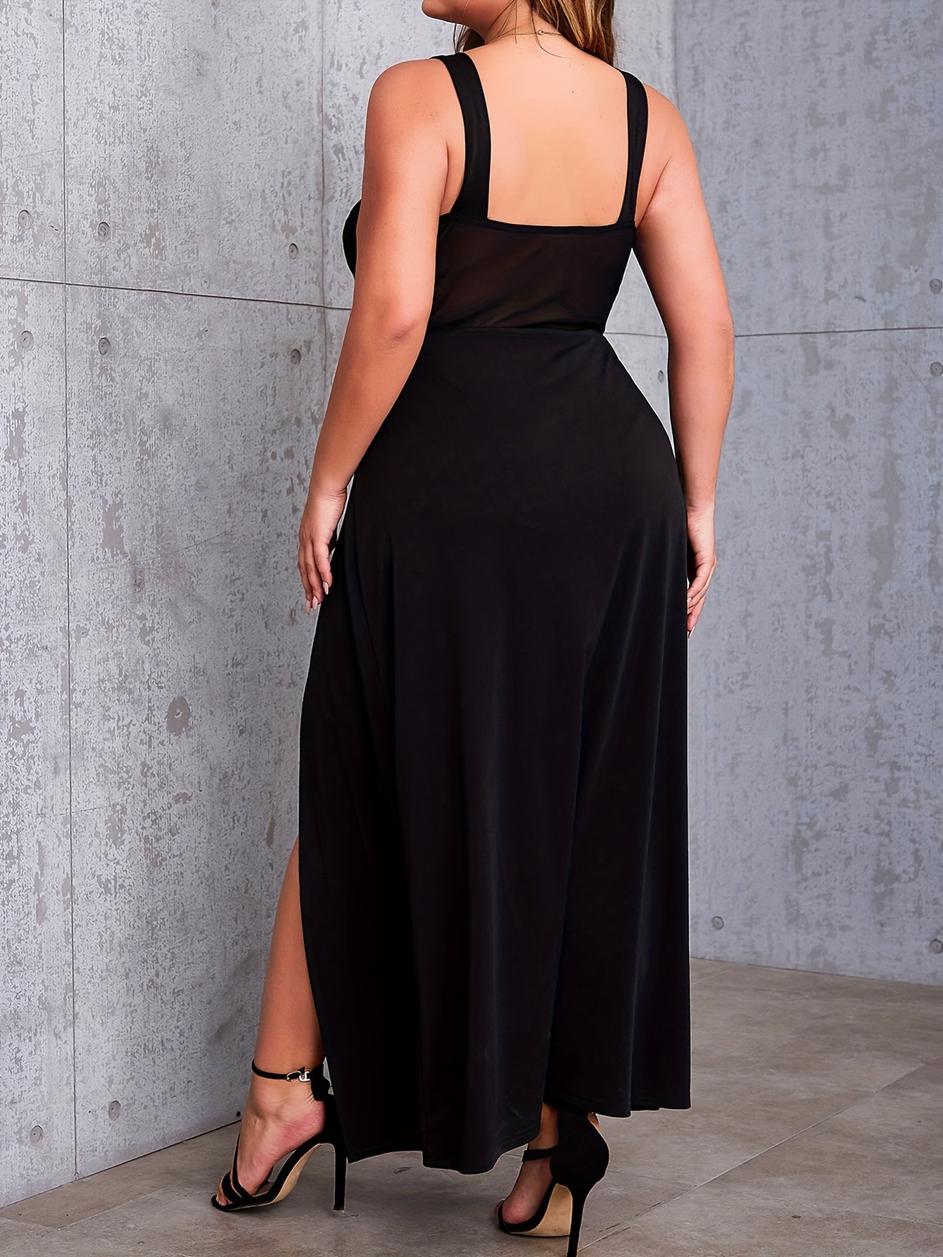 Vestido de fiesta de talla grande negro de mezcla de poliéster sin mangas, largo hasta el suelo, con abertura en el muslo