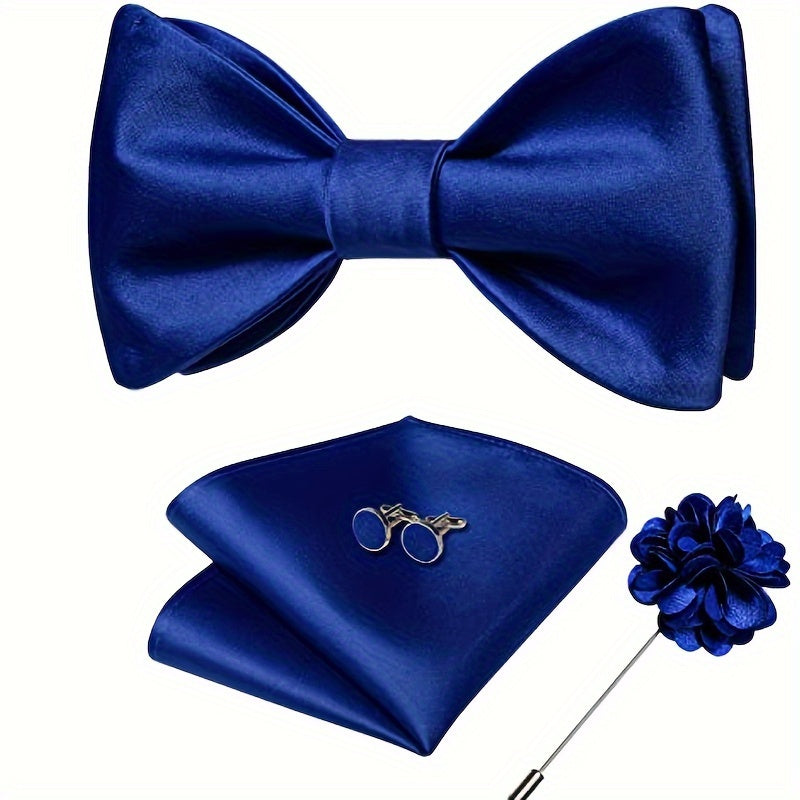Men's 4-Piece Suit Accessory Set Silk Bow Tie Flower Lapel Pin Cufflinks Handkerchief for Weddings