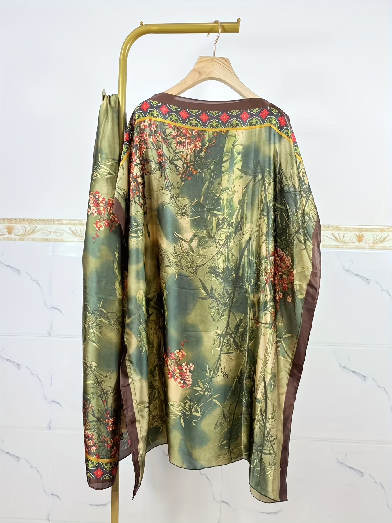 Блузка женская больших размеров с цветочным принтом зеленый и коричневый, дышащий полиэстер, повседневная и официальная