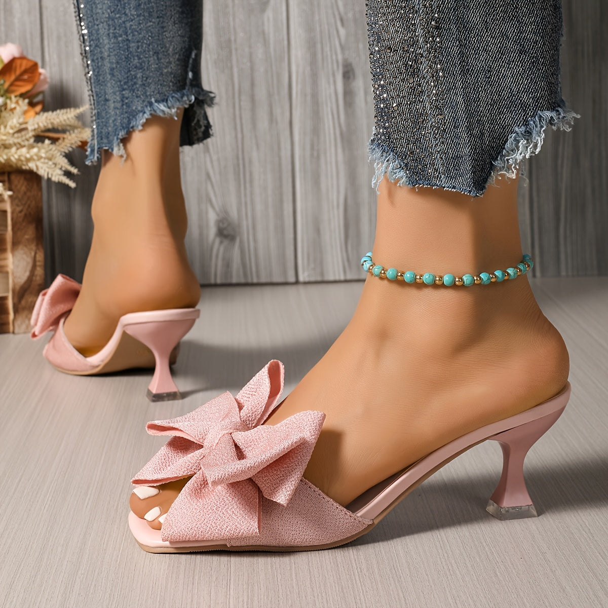 Women's Solid Color Square Toe Open Toe High Heels with Bow for Party Wedding