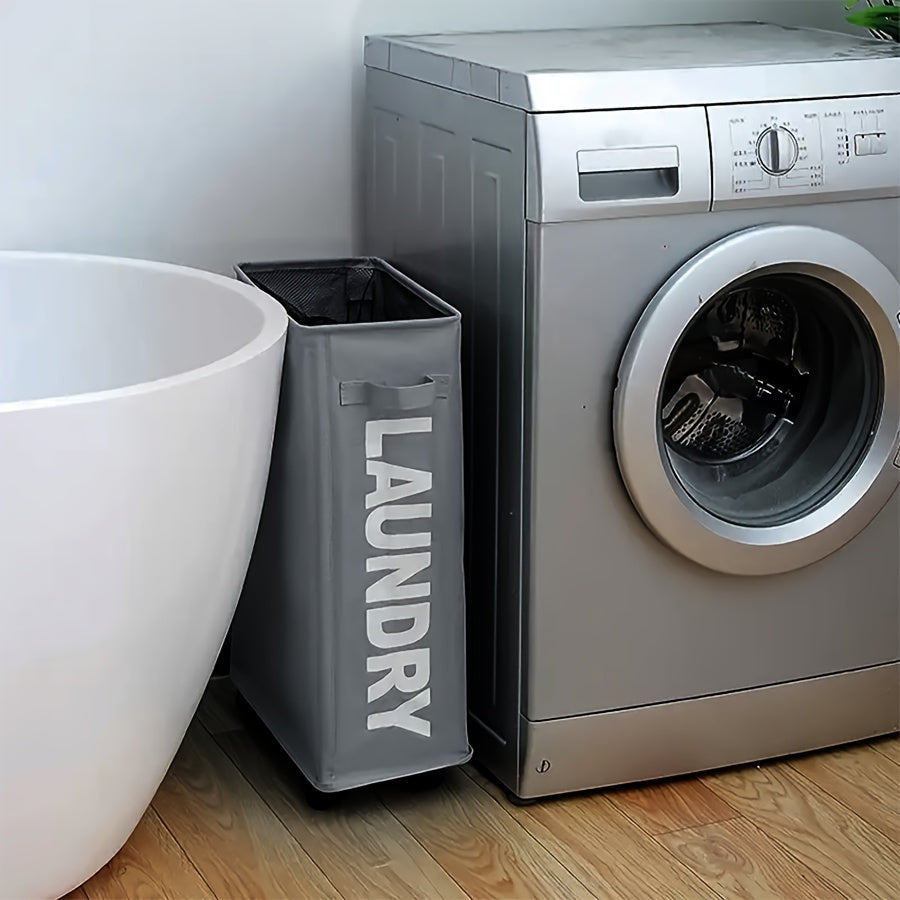 Современная серая корзина для белья на колесах с ручкой, высокий узкий дизайн, складная корзина для грязной одежды, сетчатая подкладка, идеальна для различных интерьеров - Корзины для белья