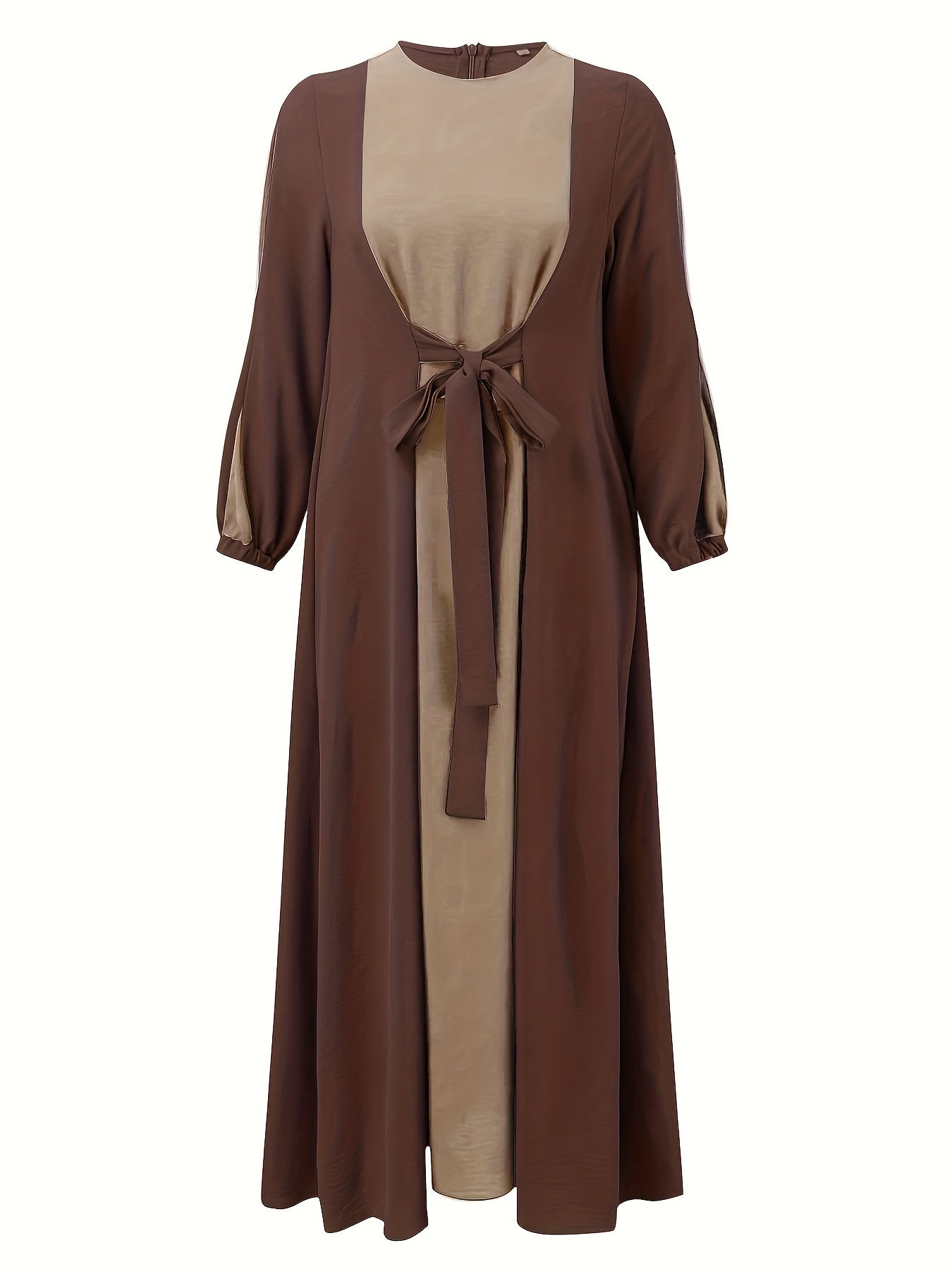 Women's Ramadan Color Block Tie Front Maxi Kaftan Dress Long Sleeve Polyester