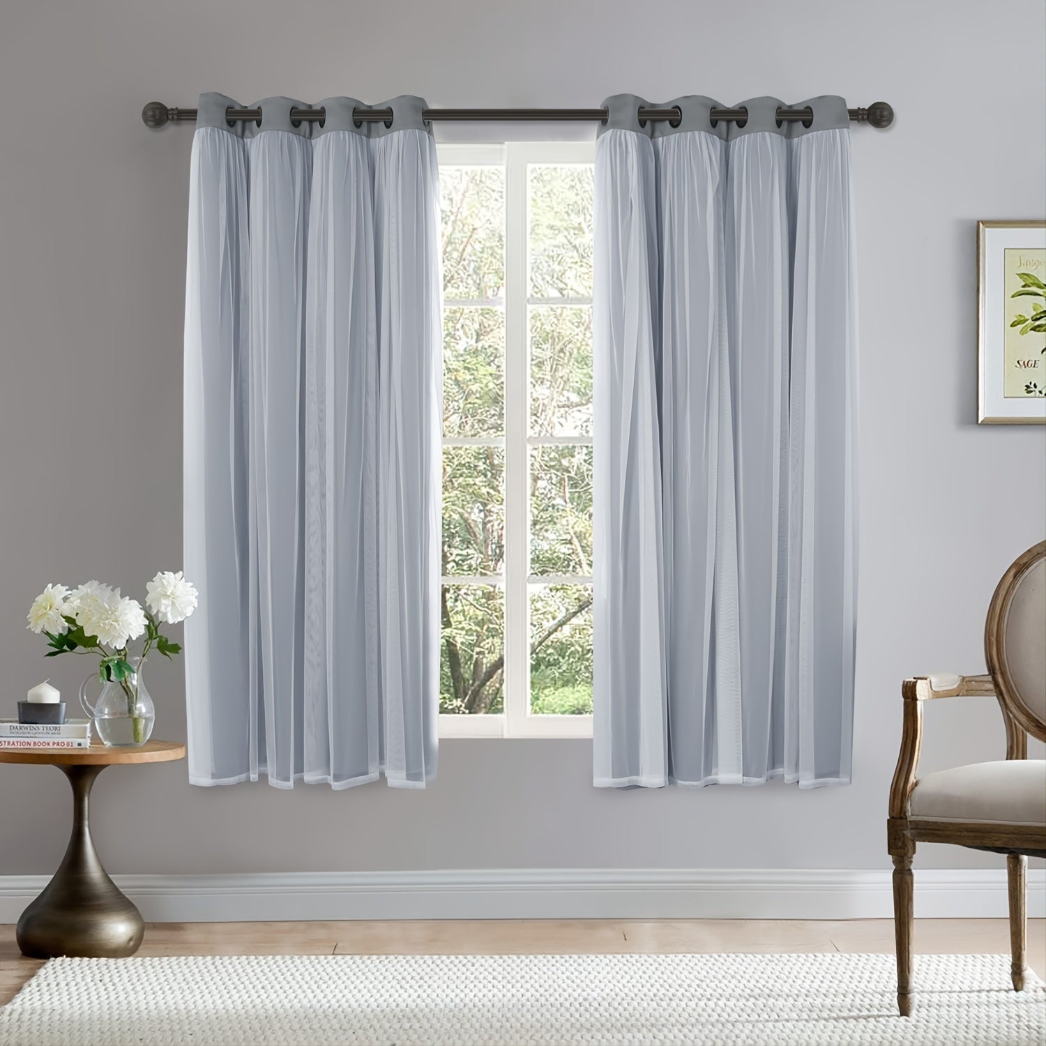 Grey Blackout Curtains with White Sheer Voile Double Layer Grommet Bedroom Window Treatment