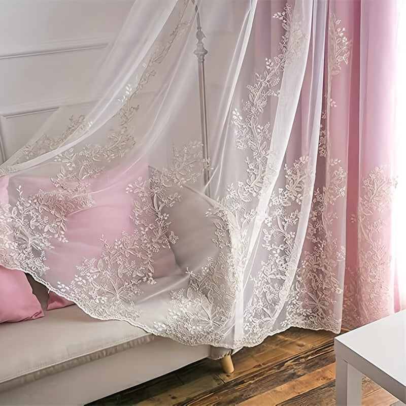 Double Layer Embroidery Curtain with Lace Grommet Top for Bedroom or Living Room Window Treatment