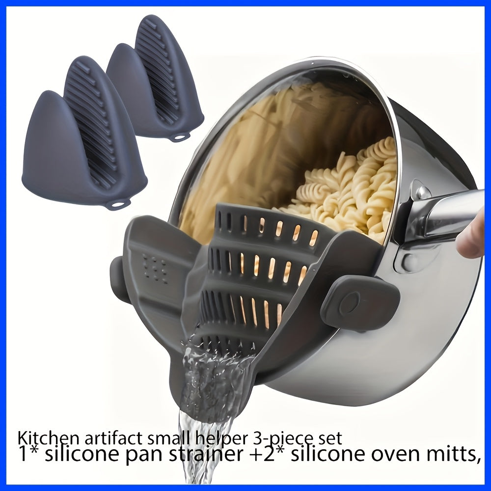 3-Piece Silicone Kitchen Gadget Set with Pot Strainer Oven Mitts and Adjustable Clip Strainer
