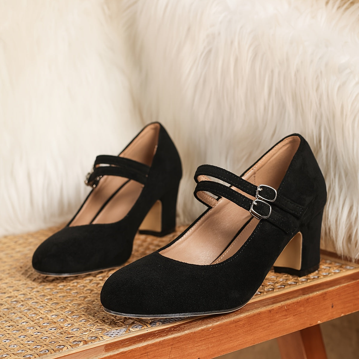 Women Vintage Mary Jane Chunky Heel Pumps Black Fabric Shoes