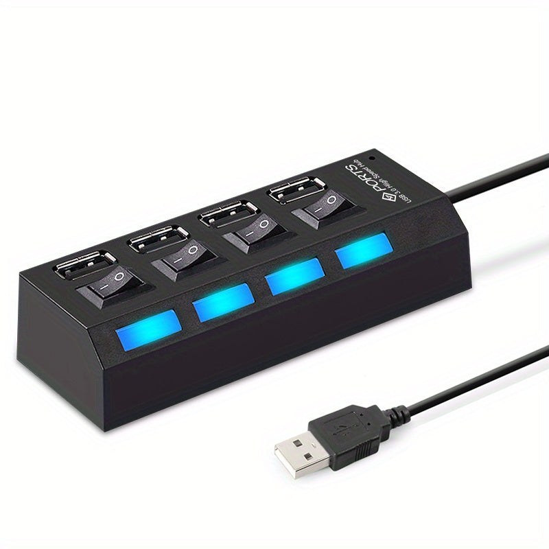 Concentrador USB 2.0 de 4 puertos con interruptores de encendido/apagado para conectividad con múltiples dispositivos