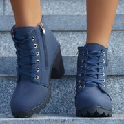 Women's Solid Color Chunky Heel Ankle Boots Lace-Up Short Boots