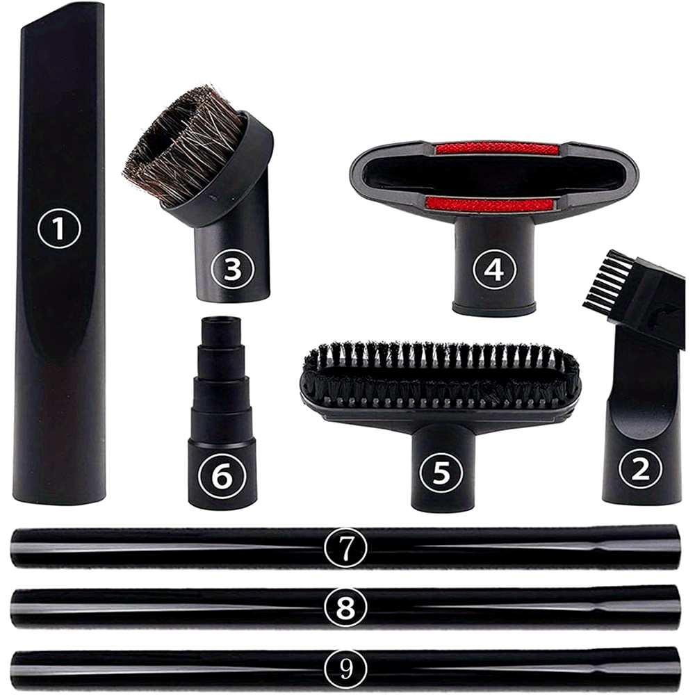 9-chi qismli changyutgich aksessuarlar to'plami, ajraladigan qirralar bilan chang tozalash cho'tkasi, mato uchun asbob, bo'shliq uchun nozil, uzatma tayoqchasi