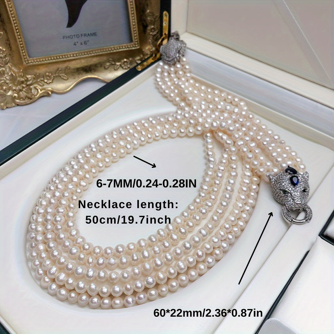 Multi-Layered Freshwater Pearl Necklace with Leopard Head Clasp White Statement Jewelry