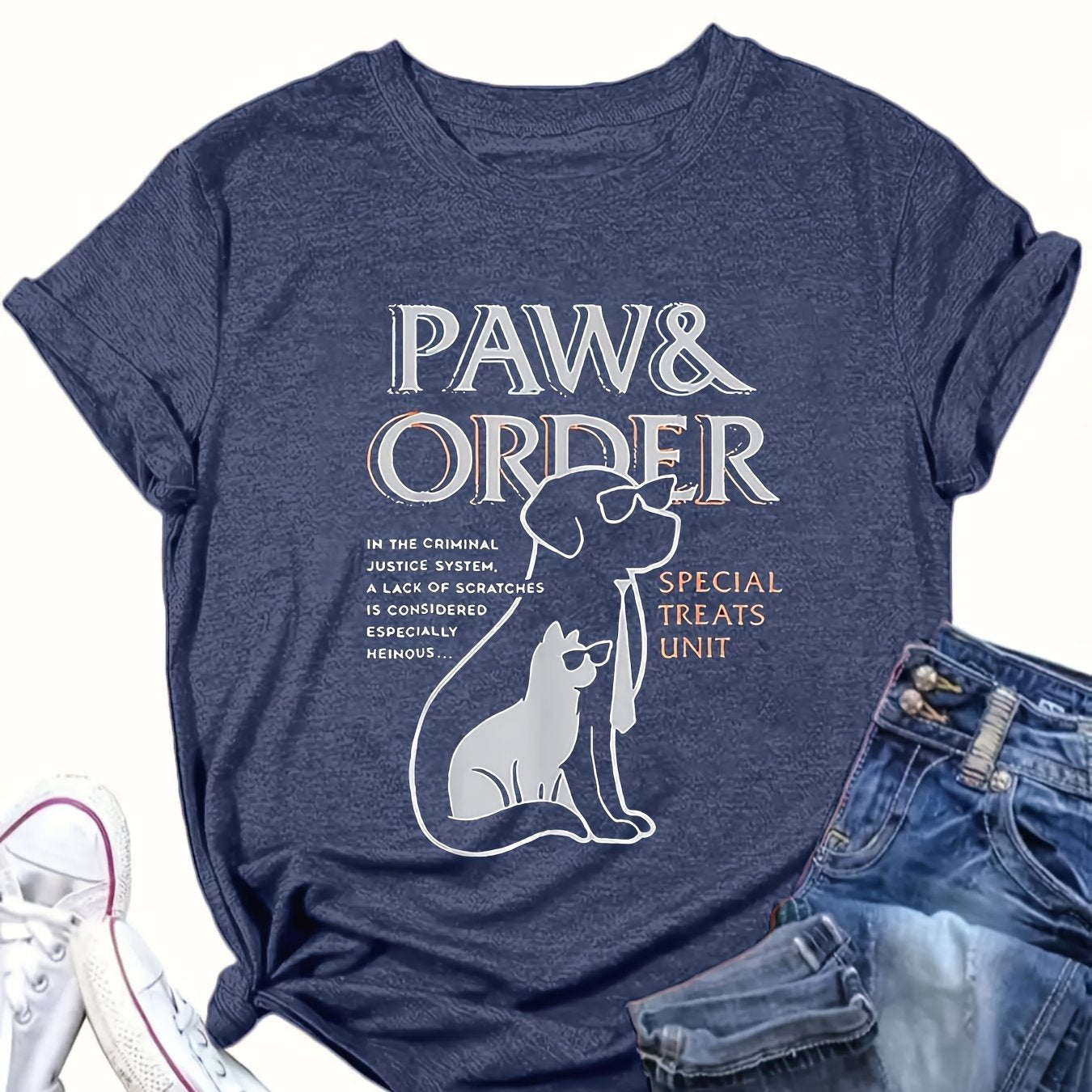 Women's Plus Size Casual T-Shirt with Paw Print Crew Neck All-Season