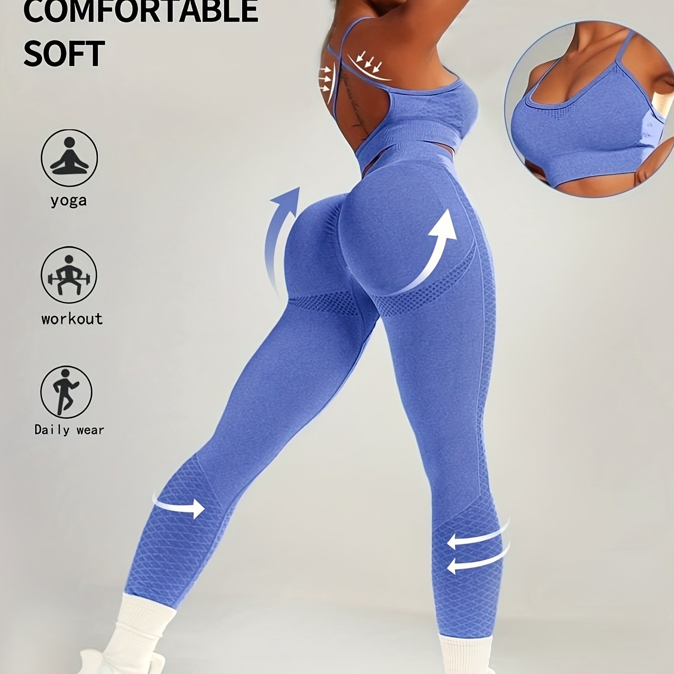 Ayollar uchun bir rangli yoga sport to'plami, yuqori bel bilan qorin nazorati va siqish moslamasi, fitness va mashg'ulotlar uchun to'qilgan nafas oladigan matodan tayyorlangan.