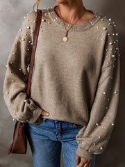 Plus Size Women's Autumn Winter Knitted Pullover with Pearl Decorations