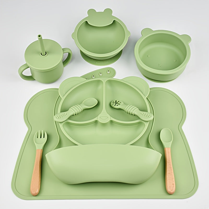 Kids Silicone Dinnerware Set 10 Pieces Bear Theme Plates Bowls Spoons Forks Bibs
