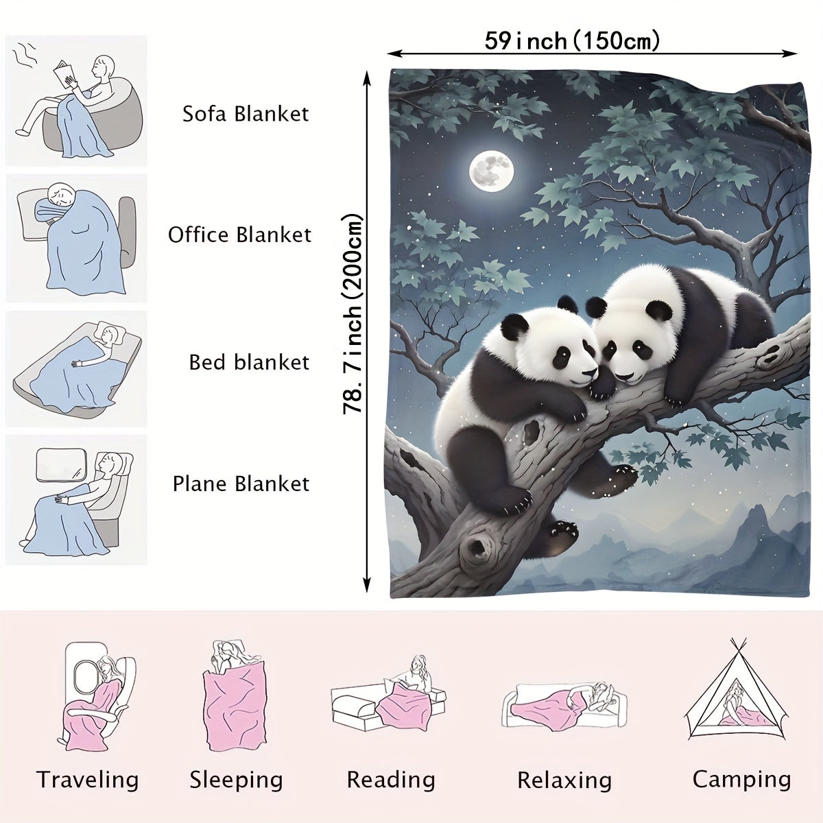Cozy Panda Print Flannel Throw Blanket 100% Polyester Machine Washable