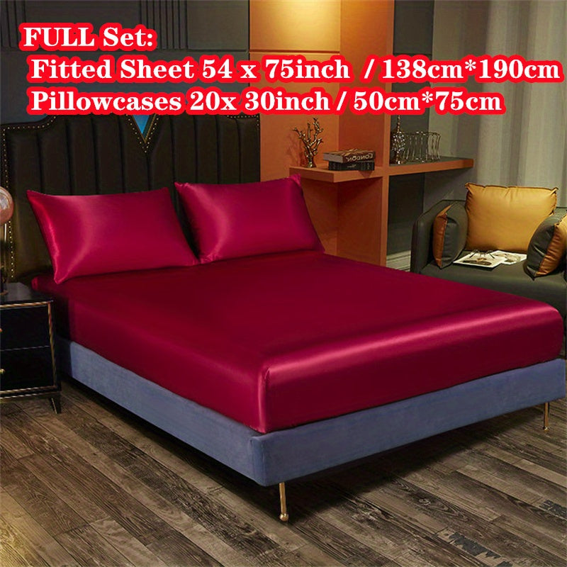 Satin Bedding Set 3 Pieces Fitted Sheet and Pillowcases Solid Color