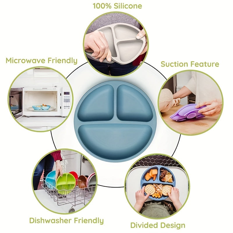 Baby Feeding Set 6 Pieces Silicone Includes Suction Bowl Divided Plate Spoon Fork Sippy Cup Bib