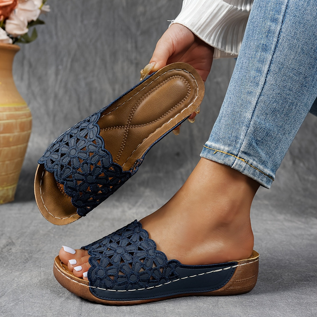 Women's Floral Wedge Sandals Open Toe Slip-On Casual Sandals