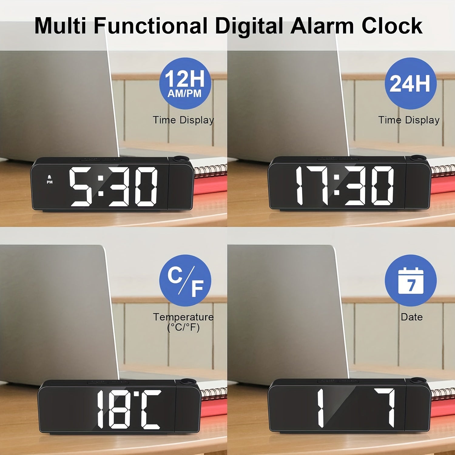 LED Projection Alarm Clock with 180° Rotatable Projector Adjustable Brightness Temperature Display USB Powered for Bedroom or Home Office