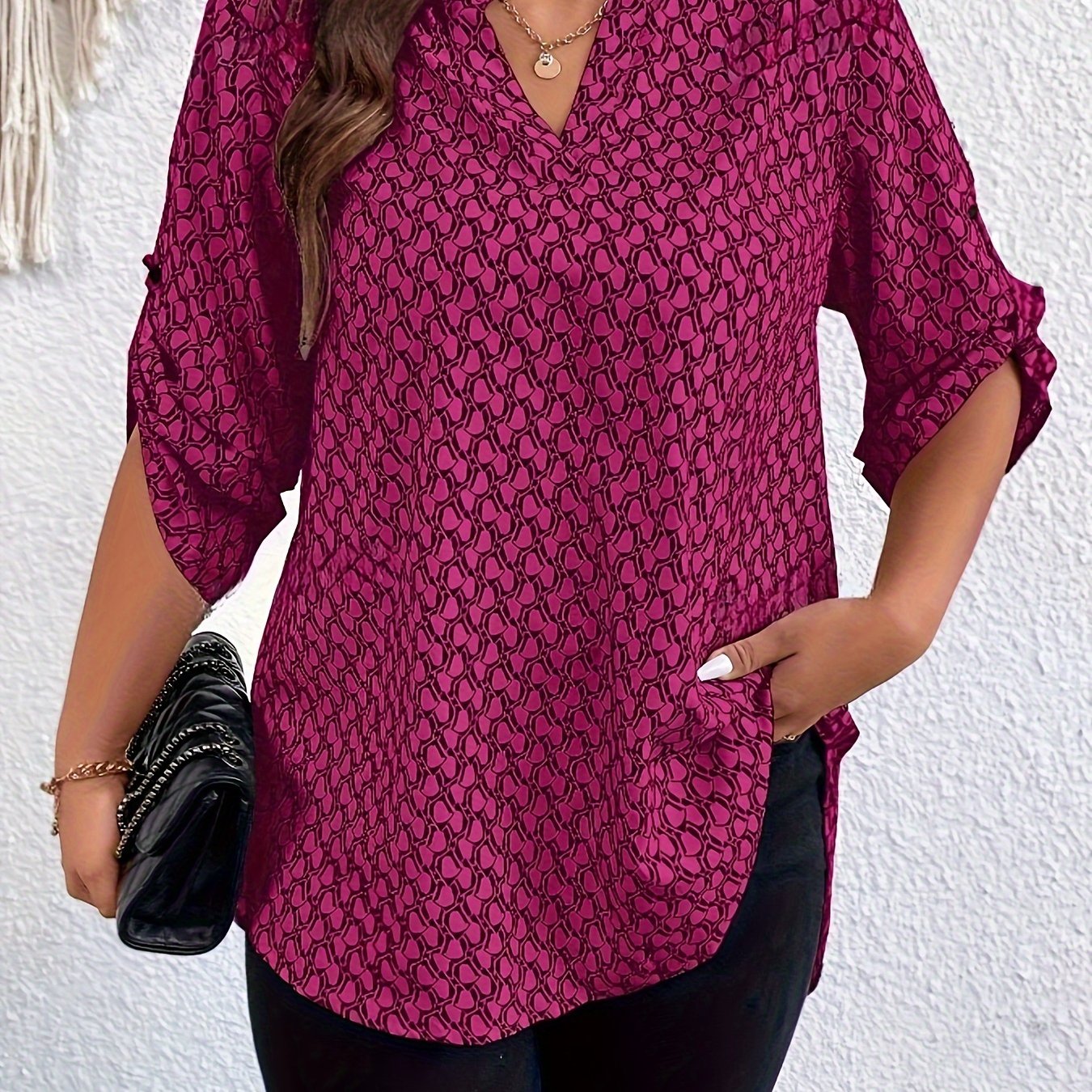 Ladies Print Blouse with Notched V-Neck Rolled Sleeves Casual Formal Wear