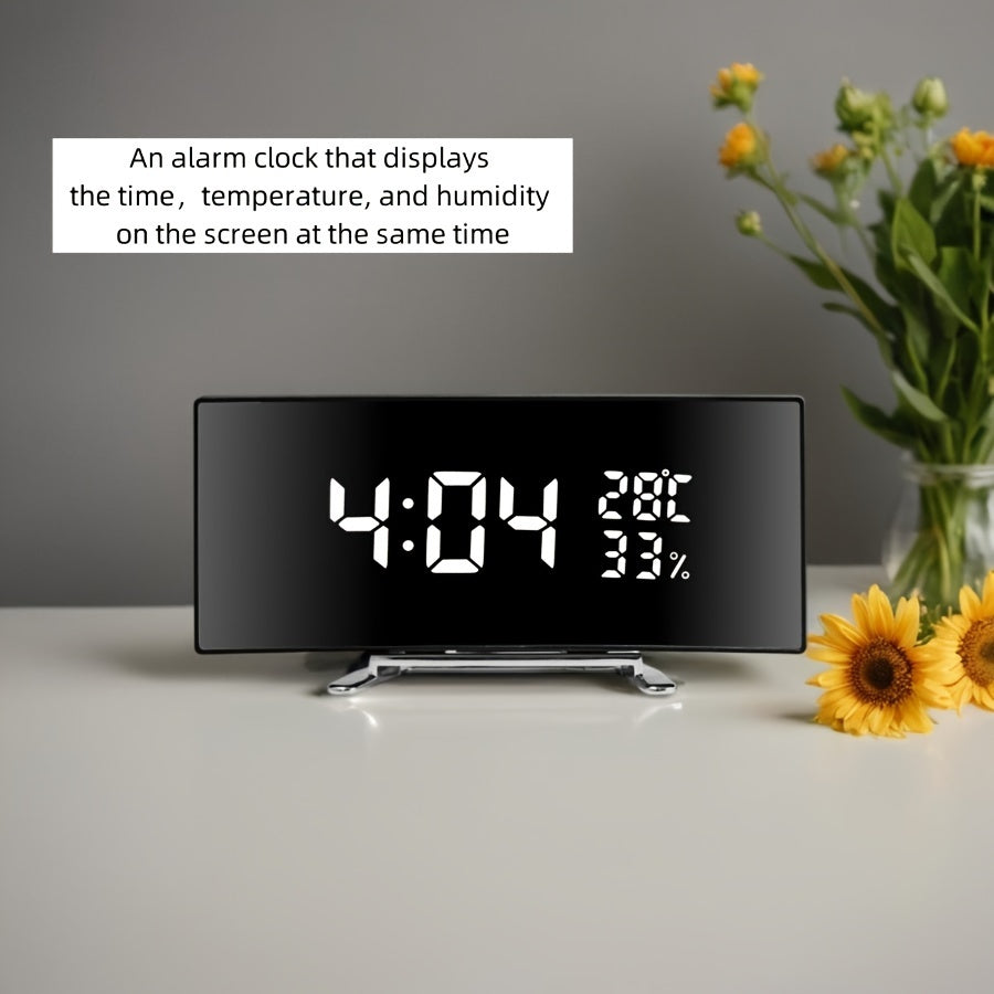 Black LED Curved Alarm Clock with Temperature Humidity Display and USB Battery Power