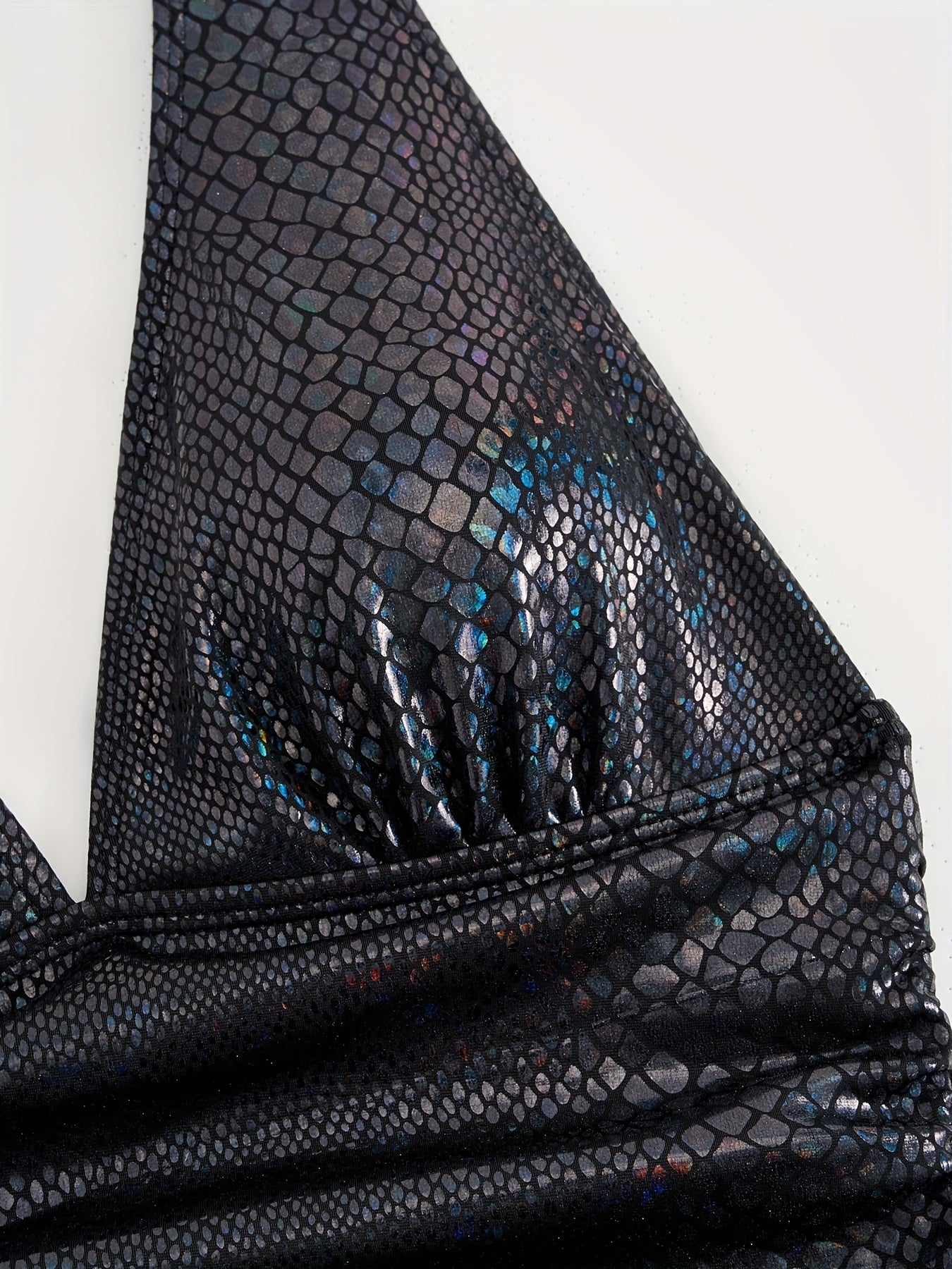 Women's Black One-Piece Swimsuit Deep V-Neck High Cut Snakeskin Pattern Ruched Waist Glossy Stretch