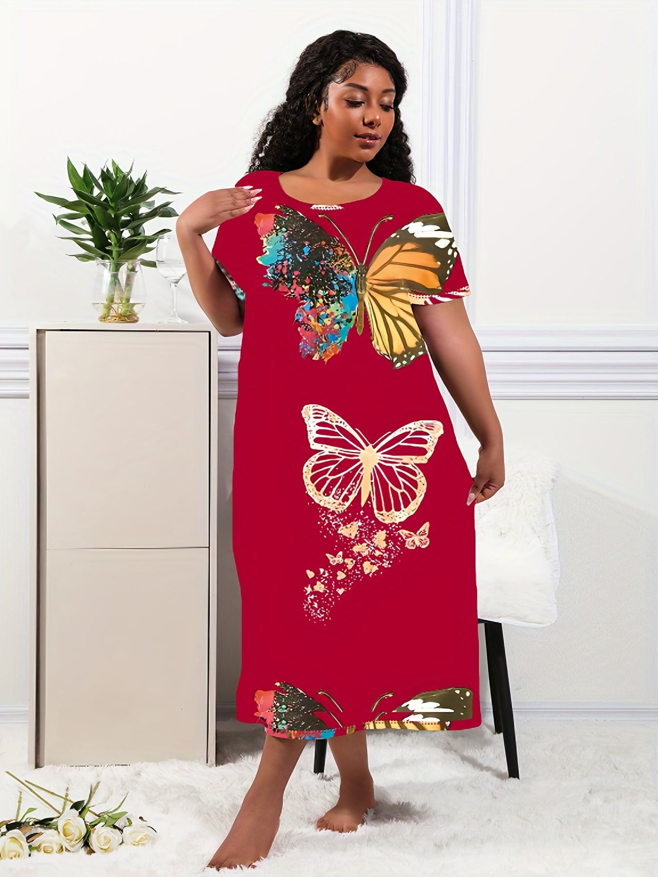 Women's Plus Size Lounge Dress Butterfly Print Short Sleeve Nightdress