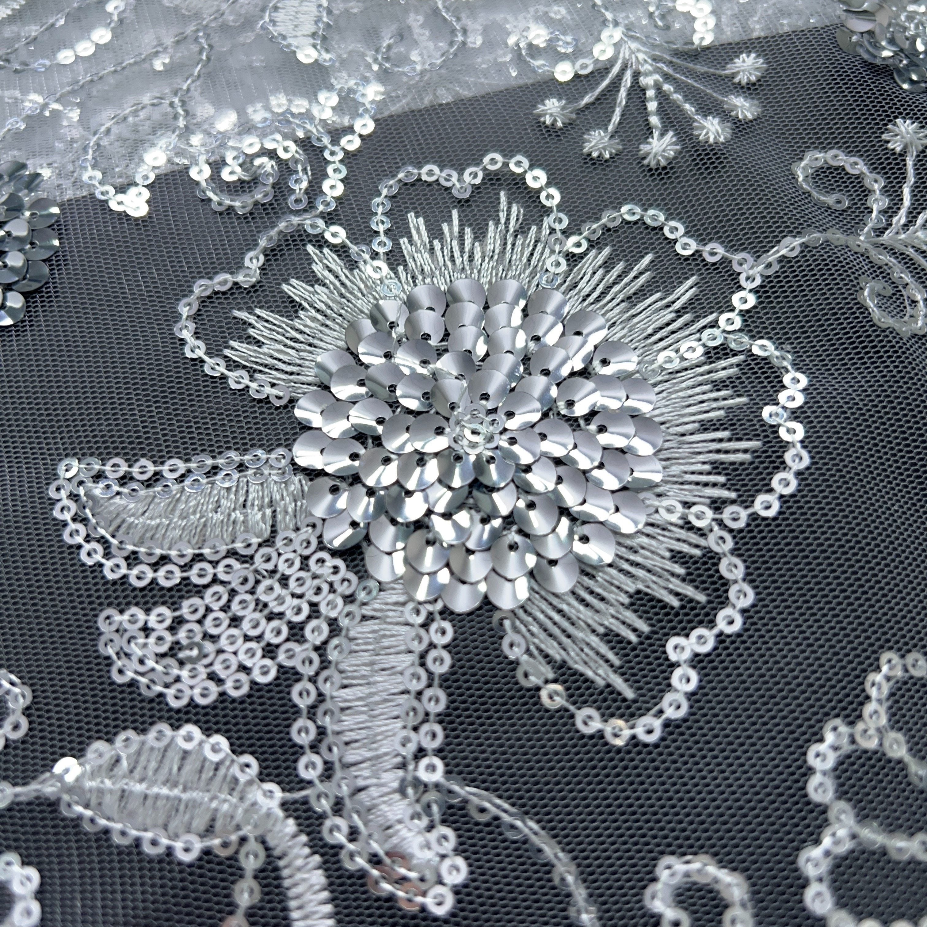 Floral Sequin Tulle Lace Fabric 4.57 Meters for Bridal Gowns Polyester Hand Wash