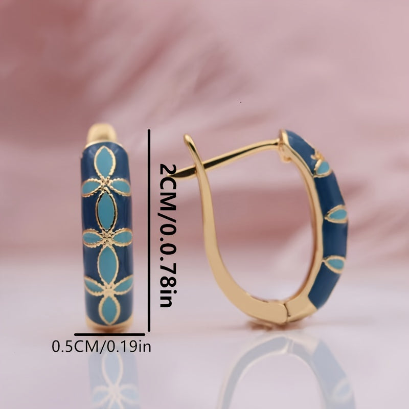 Vintage Inspired Blue Enamel Flower Hoop Earrings with Gold Bordered Copper Design