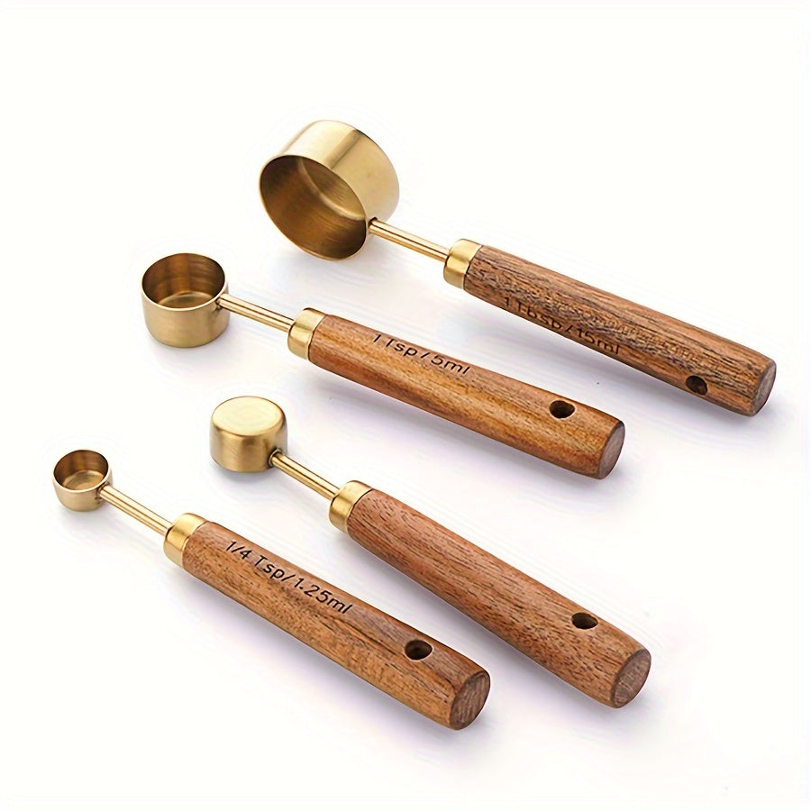 Set of 4 Stainless Steel Measuring Cups and Spoons with Wooden Handles