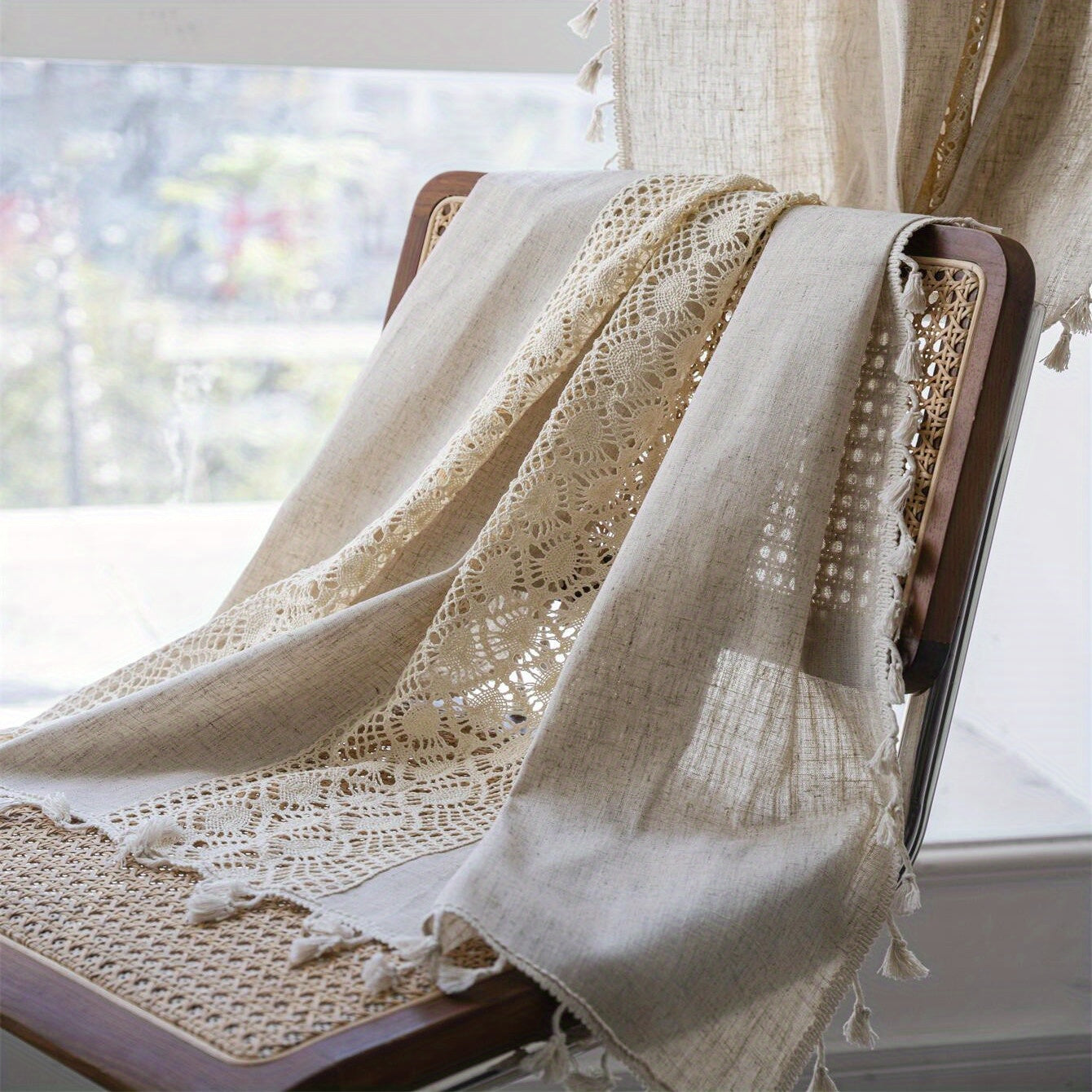 Bohem tarzidagi linen pardasi, geometrik kesimlar va tassellar bilan, UV himoyali, yorug'likni filtrlaydigan deraza bezatmasi